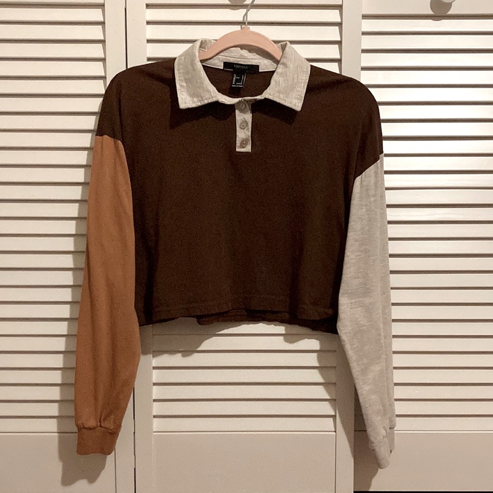 Cute Warm Tone Brown Contrast Color stitching Collar Long Sleeve Polo Crop Shirt